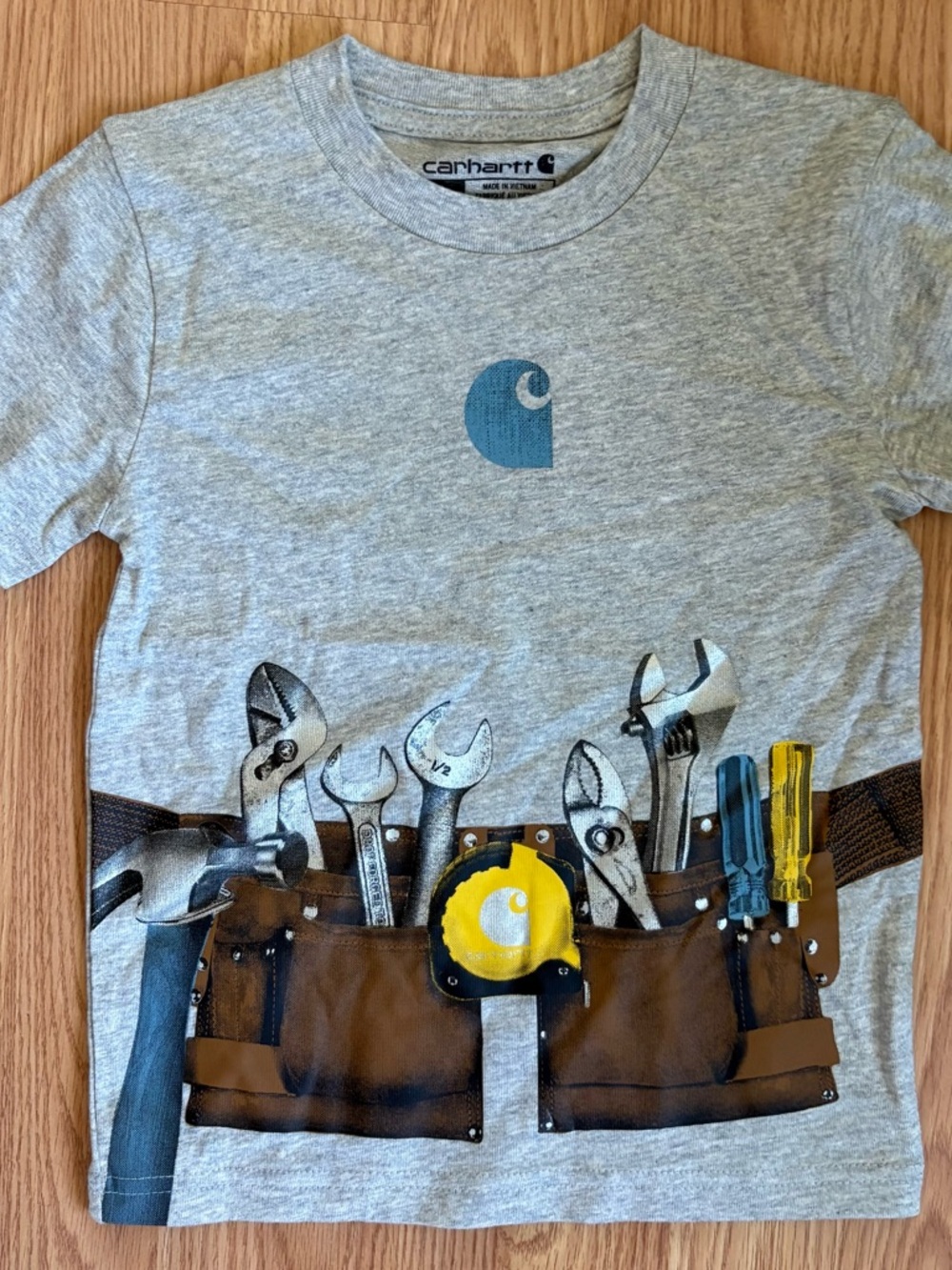 Carhartt Gray Kids Short-Sleeve Toolbelt Graphic Tee with Blue Logo size 2T